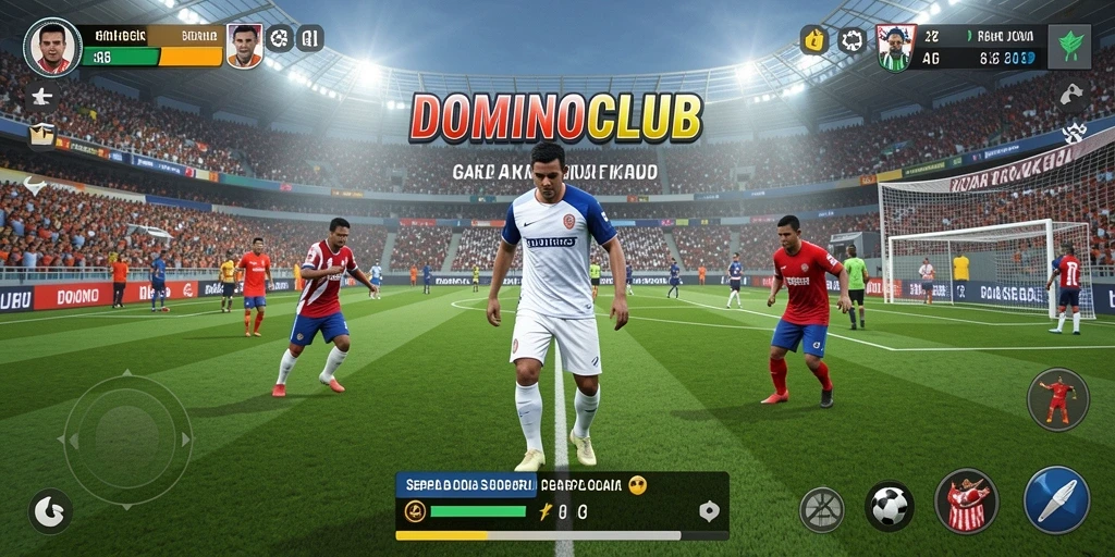 Tampilan gameplay seru dengan aksi sepak bola intens.
