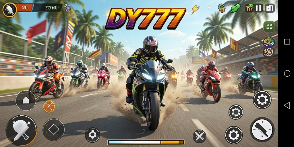 Screenshot gameplay DY777 menampilkan aksi balapan motor yang mendebarkan.