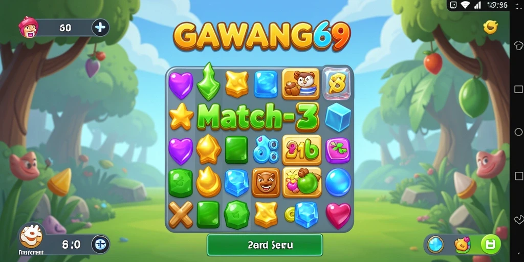 Screenshot utama GAWANG69 menampilkan gameplay Match-3 yang seru.