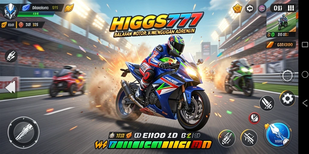 Gameplay seru HIGGS777 dengan motor balap yang mendebarkan.