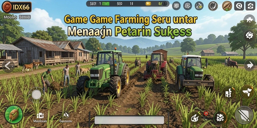 Tampilan gameplay IDX66 yang menampilkan pertanian yang subur dan hewan ternak.