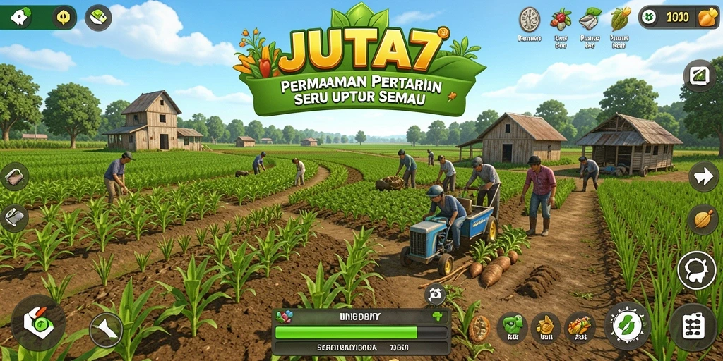 Tampilan gameplay seru JUTA7 dengan aktivitas bertani yang menarik.